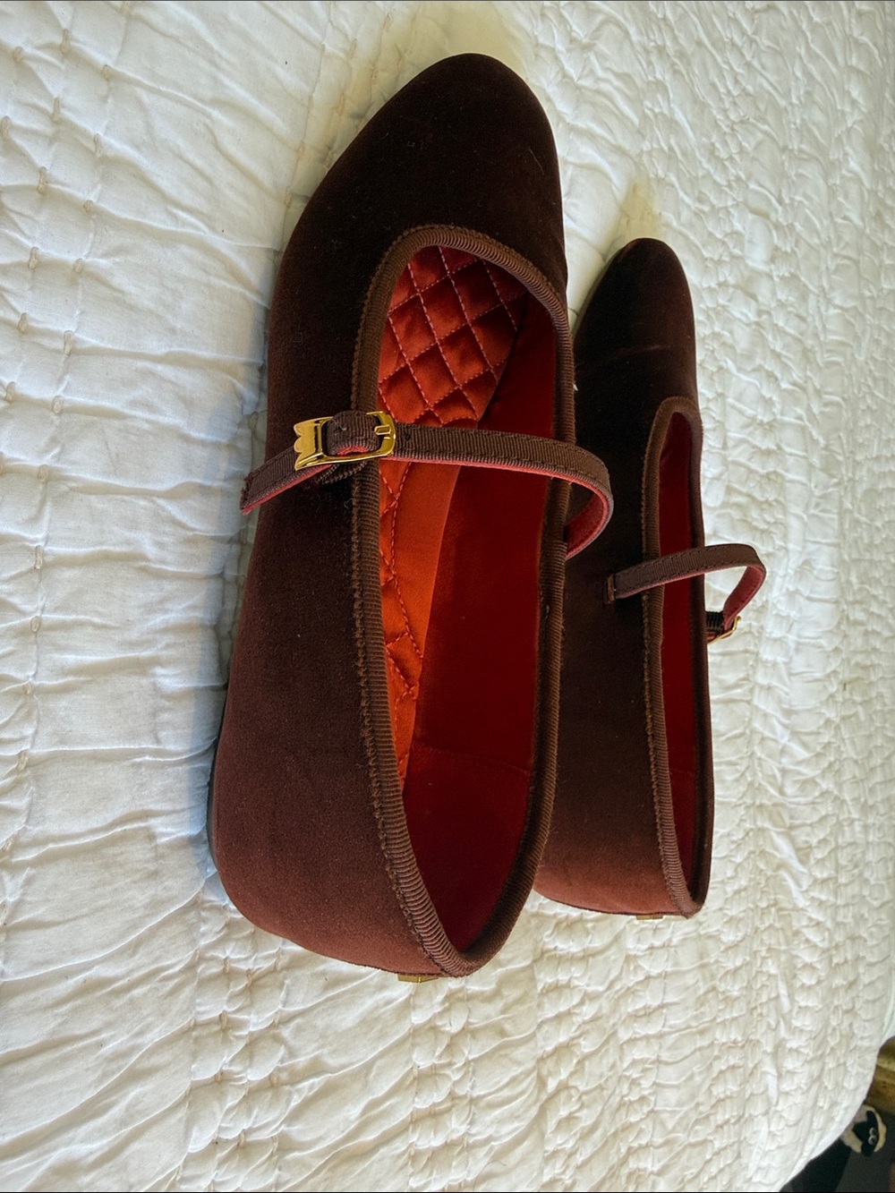 Birdies Brown Velvet Mary Jane Flats with Quilted Red Lining